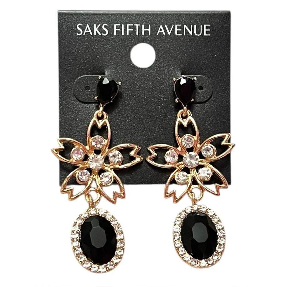 Saks Fifth Avenue Gold Floral Drop Earrings with Black Stones